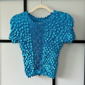 [S/M] Y2K Vintage Scrunch Popcorn Short Sleeve Top In Bright Blue